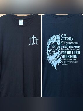 Port and Company Black Tee with Light Blue Lion & Faith Graphic